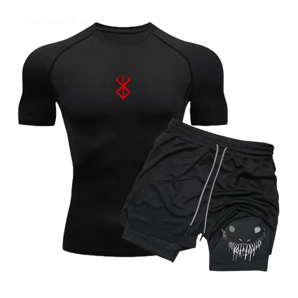 Men Compression Athletic Fitness Wear - Quick-Dry Tight Short-Sleeve Anime Double-Layer Shorts Summer Set Fitness Running Set
