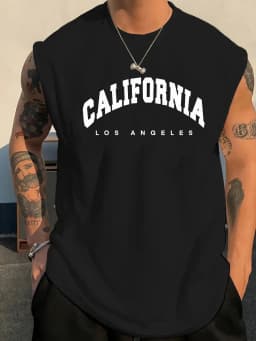 100% Pure Cotton Men's Summer Fashion Casual Sports Loose California Letter Print Fitness Breathable Round Neck Sleeveless Vest