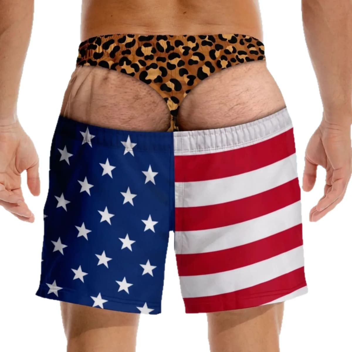 Men Funny Prank USA Flag Fake Butt Beach Shorts Novelty 3D Print Quick‑Dry Drawstring Elastic Waist Party Swim Board Trunks