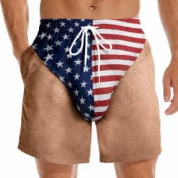 Men Funny Prank USA Flag Fake Butt Beach Shorts Novelty 3D Print Quick‑Dry Drawstring Elastic Waist Party Swim Board Trunks