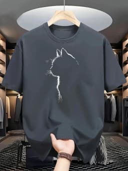 Summer Men's 100% Pure Cotton Casual Sports Loose Cat Pattern Printed Comfortable Round Neck Short Sleeved T-shirt Top