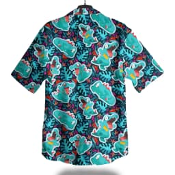 American Cartoon Green Dinosaur Full Printed Short Sleeved Shirt Men's Black Base Tropical Leaf Retro Loose Beach Shirt