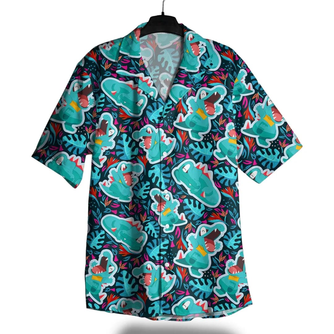 American Cartoon Green Dinosaur Full Printed Short Sleeved Shirt Men's Black Base Tropical Leaf Retro Loose Beach Shirt