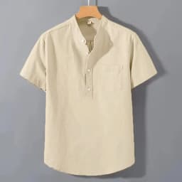 New Mens Short Sleeve T Shirts Solid Color Stand Up Collar Shirt Summer Trendy Breathable Loose Youth Basic Cotton Pocket Top