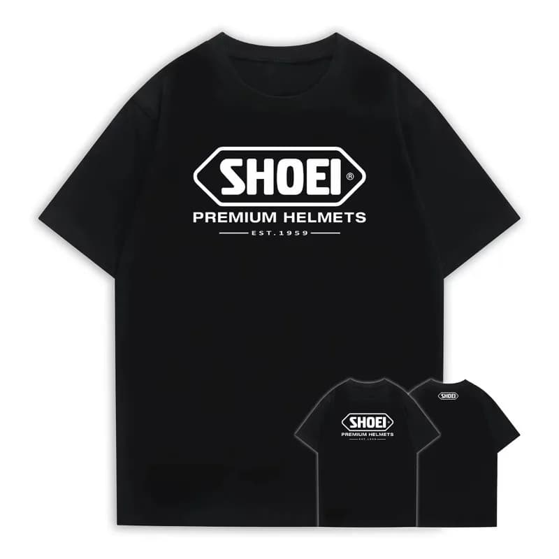 A Black Round-neck Short-sleeved T-shirt with A Classic Japanese SHOEI Motorcycle Racing Helmetthe Same Style As Marquis Summer