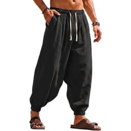 Mens Linen Harem Trousers Baggy Jogger Pants Lightweight Casual Bottoms Breathable Loose Trousers for Hiking Gym and Daily Work