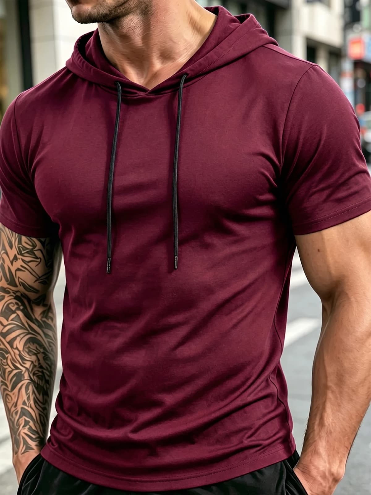 Men Short Sleeve Hooded T-Shirt Breathable Quick Dry Anti-Pilling Drawstring Hood Casual Slim Fit Streetwear Sports Pullover