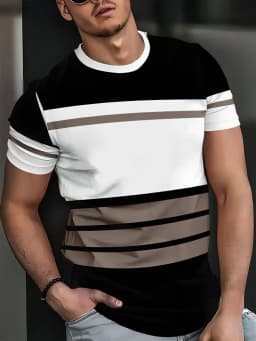 Summer classic men's T-shirt: Outdoor round-neck short-sleeved top with striped print, loose street men's T-shirt with additiona