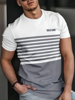 Summer classic men's T-shirt: Outdoor round-neck short-sleeved top with striped print, loose street men's T-shirt with additiona