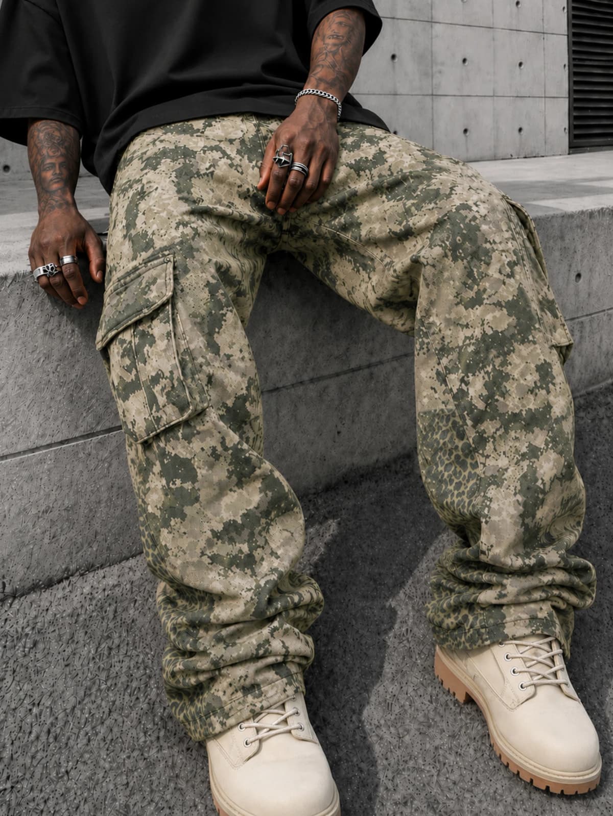 Men's Print Flare Casual Camouflage Print Cargo Sweatpants, Going Out Long Street Wear Pants, Men's Casual Camouflage Print Carg