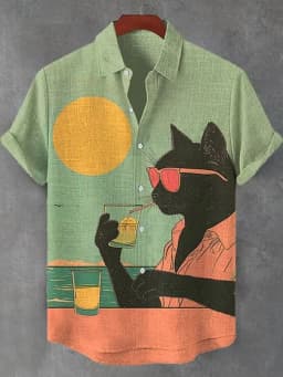 New Retro Art Men's Shirt Black Cat Riding Dinosaur Gun Calligraphy Print Lapel Short Sleeve Linen Fabric Street Trend Mens Wear