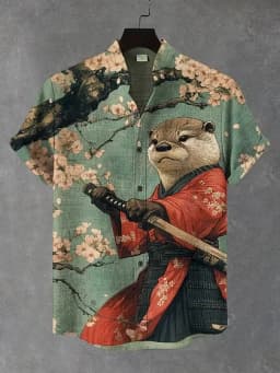 New Retro Art Men's Shirt Black Cat Riding Dinosaur Gun Calligraphy Print Lapel Short Sleeve Linen Fabric Street Trend Mens Wear