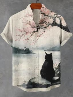 New Retro Art Men's Shirt Black Cat Riding Dinosaur Gun Calligraphy Print Lapel Short Sleeve Linen Fabric Street Trend Mens Wear