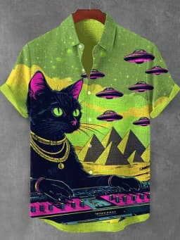 New Retro Art Men's Shirt Black Cat Riding Dinosaur Gun Calligraphy Print Lapel Short Sleeve Linen Fabric Street Trend Mens Wear