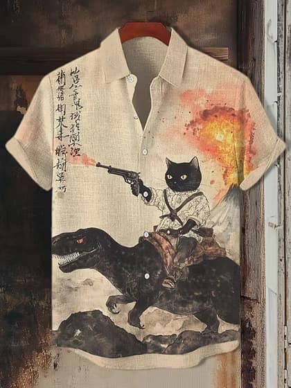 New Retro Art Men's Shirt Black Cat Riding Dinosaur Gun Calligraphy Print Lapel Short Sleeve Linen Fabric Street Trend Mens Wear