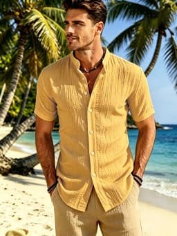 Men's Summer Clean Fit Solid Color Stand Collar Casual Shirt, Japanese Relaxed Vacation Style, Skin-friendly Breathable Vertical