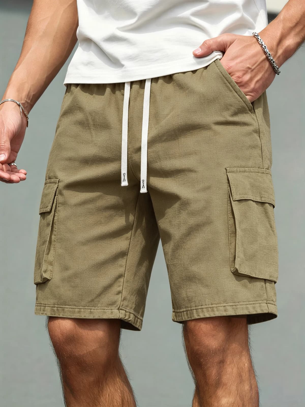 2026 Men's loose  straight-leg pants, casual multi-pocket work shorts, high-end men's shorts, drawstring daily work shorts