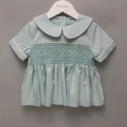 Children Boutique Clothing Boys Handmade Smocked Embroidered Green Set Cotton Linen Short Sleeves BABI Baptismal Clothing Suit