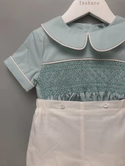 Children Boutique Clothing Boys Handmade Smocked Embroidered Green Set Cotton Linen Short Sleeves BABI Baptismal Clothing Suit