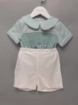 Children Boutique Clothing Boys Handmade Smocked Embroidered Green Set Cotton Linen Short Sleeves BABI Baptismal Clothing Suit