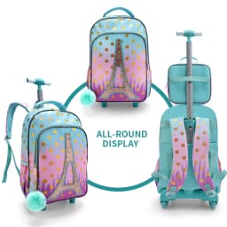 3PCS Rolling Backpack for Girls Kids Wheeled School BookBag With Lunch And Pen Bag Iron Tower Pink Glow-in-the-dark Function