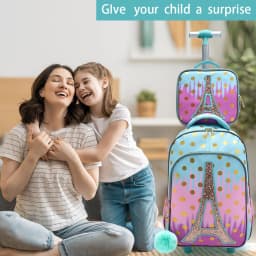 3PCS Rolling Backpack for Girls Kids Wheeled School BookBag With Lunch And Pen Bag Iron Tower Pink Glow-in-the-dark Function
