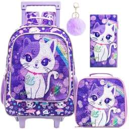 Rolling Backpack for Girls, Kids Sequins Roller School Bag with Lunch Bag, Sequins Wheeled Bookbag for Children - Pink Cat