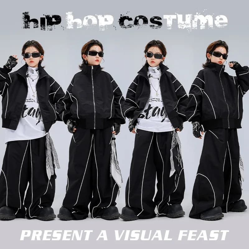 4-18 girls boys black Hip Hop Jazz Street Dance costume Set Zipper jacket wide-leg pants High neck T-shirt child clothes outfits