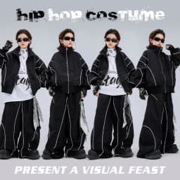 4-18 girls boys black Hip Hop Jazz Street Dance costume Set Zipper jacket wide-leg pants High neck T-shirt child clothes outfits