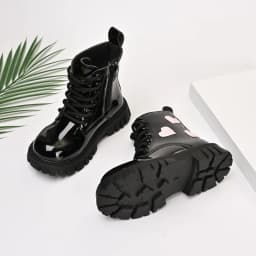 Girls Short Boots Sweet Love Heart Kids Princess Boots Black Glossy Versatile 2025 Autumn New Children Leather Boots Side Zipper