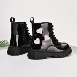 Girls Short Boots Sweet Love Heart Kids Princess Boots Black Glossy Versatile 2025 Autumn New Children Leather Boots Side Zipper
