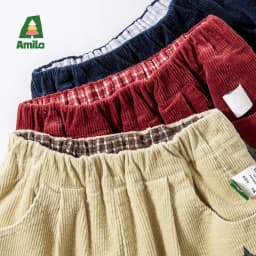 Amila Kids 2026 Children's Winter Loose Casual Pants Solid Color Fabric Inner Plaid Splicing Casual Retro Warmth