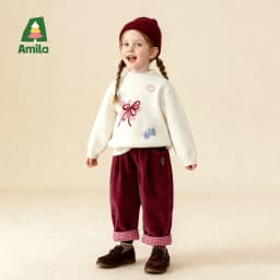 Amila Kids 2026 Children's Winter Loose Casual Pants Solid Color Fabric Inner Plaid Splicing Casual Retro Warmth