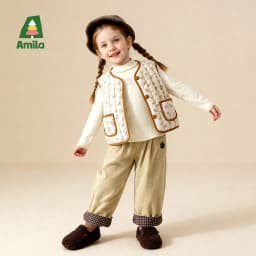 Amila Kids 2026 Children's Winter Loose Casual Pants Solid Color Fabric Inner Plaid Splicing Casual Retro Warmth