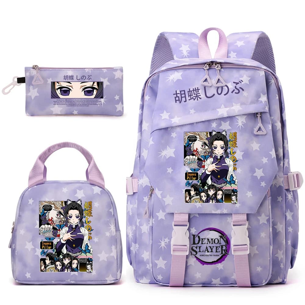 Demon Slayer Shinobu Kocho Anime Print Student Backpack Lunch Bag Pencil Case Set for Girls Cute School Supplies