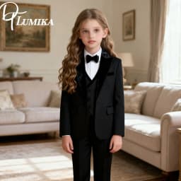 Fast Shipping Black Girls 4 Piece Tuxedo Set Blazer Vest Pants Stunning Kids Formal Outfit For Wedding Photo Shoot Party