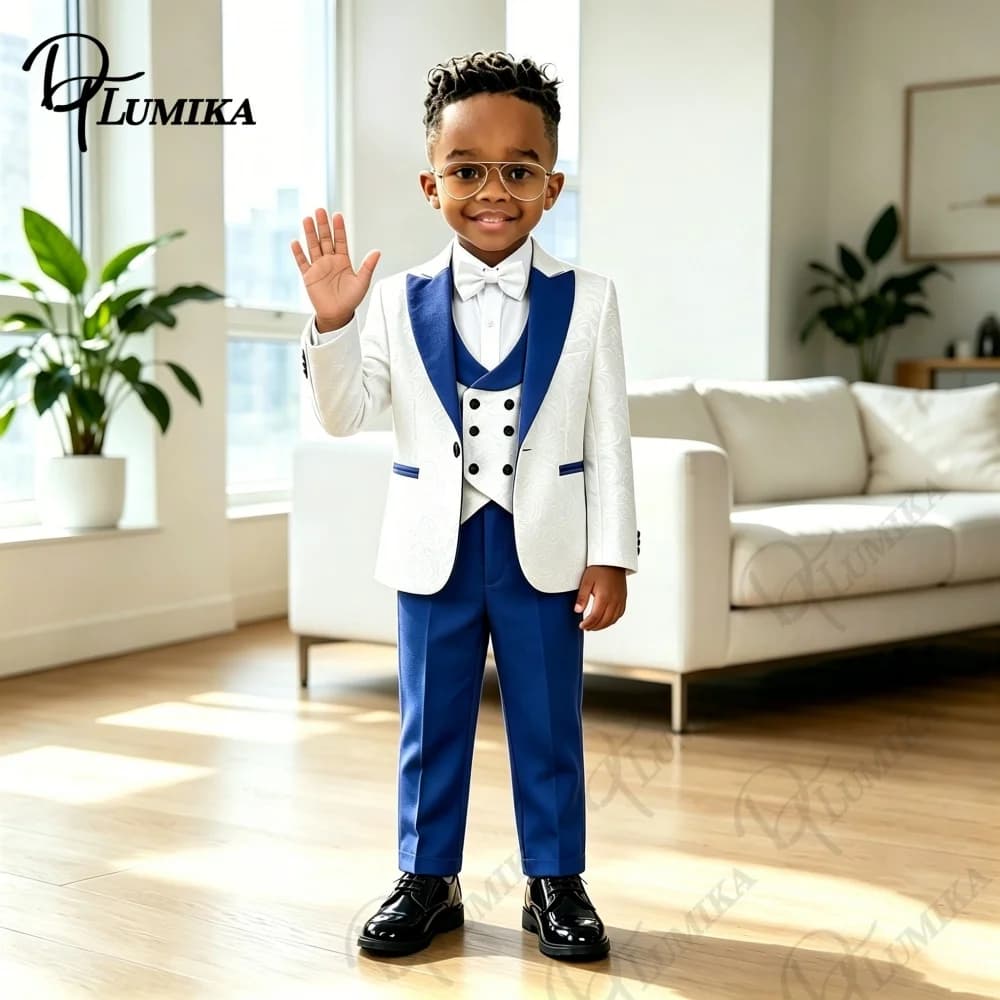 Luxurious Jacquard Boys Suit 4Pcs Royal Blue Lapel Vest Pants Bowtie Elegant Formal Tuxedo For Wedding Page Boy Birthday Party