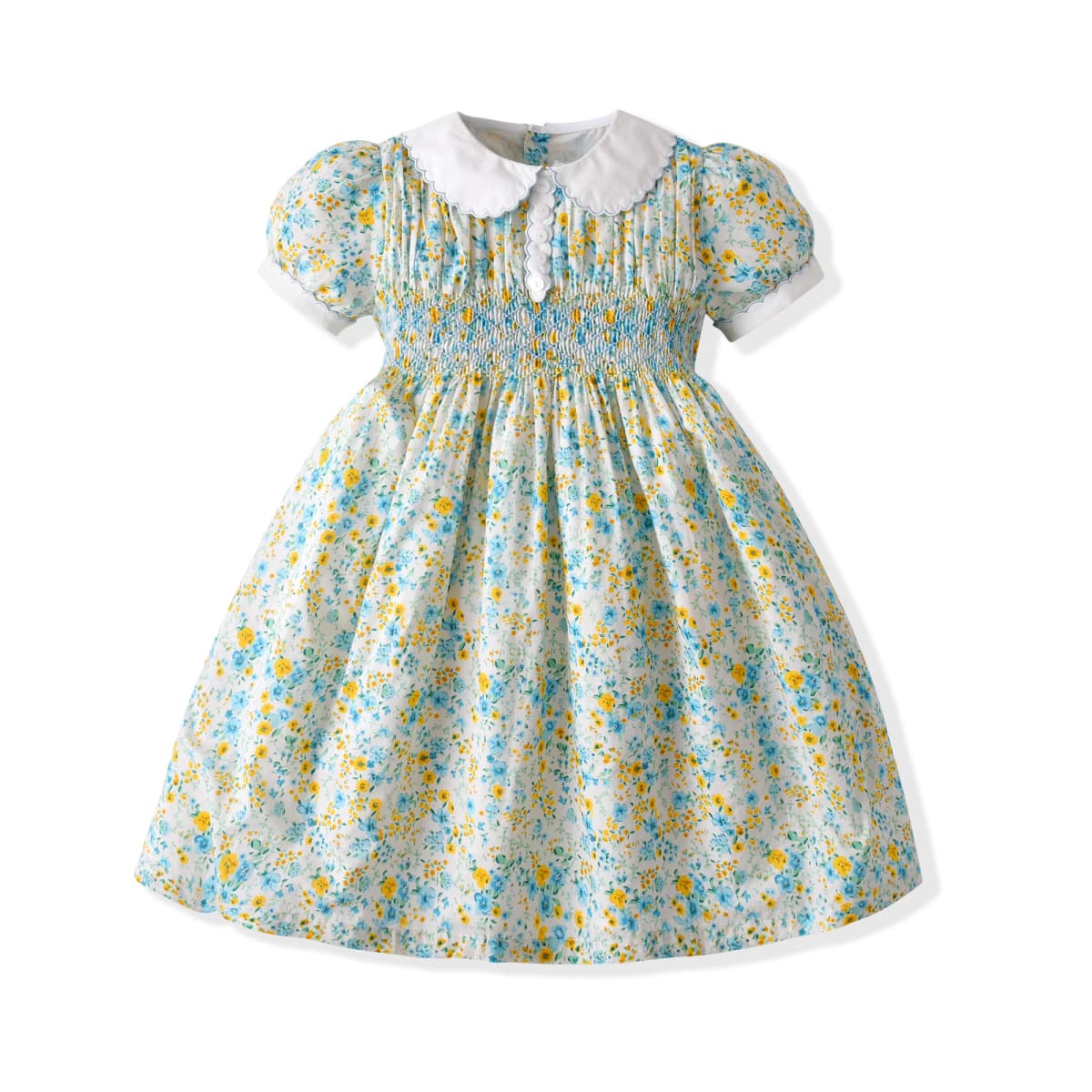 Vintage Floral Hand Smocked Short Sleeve Girl Dress Peter Pan Collar Fashion Kids Girls Dresses Summer Clothing For Baby 2026