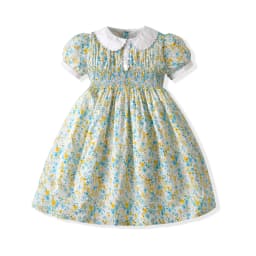 Vintage Floral Hand Smocked Short Sleeve Girl Dress Peter Pan Collar Fashion Kids Girls Dresses Summer Clothing For Baby 2026