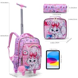 3PCS Kids Travel Bag, Luggage Bag, Bookbag with Wheels, Lunch Box and Pen Bag, Pink Cat Sequin, Nighttime Reflective
