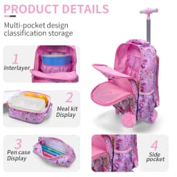 3PCS Kids Travel Bag, Luggage Bag, Bookbag with Wheels, Lunch Box and Pen Bag, Pink Cat Sequin, Nighttime Reflective