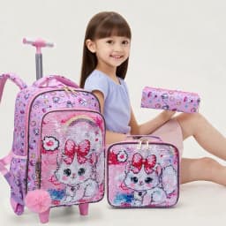 3PCS Kids Travel Bag, Luggage Bag, Bookbag with Wheels, Lunch Box and Pen Bag, Pink Cat Sequin, Nighttime Reflective