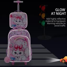 3PCS Kids Travel Bag, Luggage Bag, Bookbag with Wheels, Lunch Box and Pen Bag, Pink Cat Sequin, Nighttime Reflective