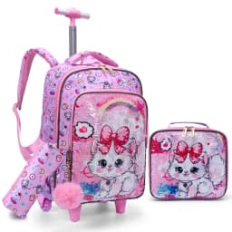 3PCS Kids Travel Bag, Luggage Bag, Bookbag with Wheels, Lunch Box and Pen Bag, Pink Cat Sequin, Nighttime Reflective
