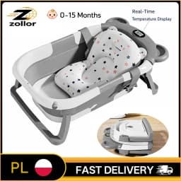 Foldable Baby Bathtub with Thermometer Non-Slip Bath Mat Cushion Support Portable Newborn Shower Tub for 0-15M Travel Bath Pool