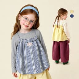 Amila Spring Girls' Strap Long Sleeve Two Piece Round Neck Long Shirt With Lotus Leaf Collar Strap Sweet And Cute Fashion Top