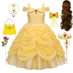 Girls Luxury Yellow Off Shoulder Princess Dress Ruby Accents Belle Cosplay Costume Birthday Party Elegant Ruched Tulle Ball Gown