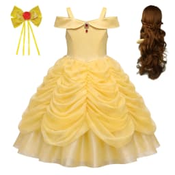 Girls Luxury Yellow Off Shoulder Princess Dress Ruby Accents Belle Cosplay Costume Birthday Party Elegant Ruched Tulle Ball Gown