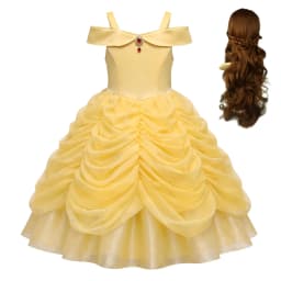 Girls Luxury Yellow Off Shoulder Princess Dress Ruby Accents Belle Cosplay Costume Birthday Party Elegant Ruched Tulle Ball Gown