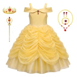 Girls Luxury Yellow Off Shoulder Princess Dress Ruby Accents Belle Cosplay Costume Birthday Party Elegant Ruched Tulle Ball Gown